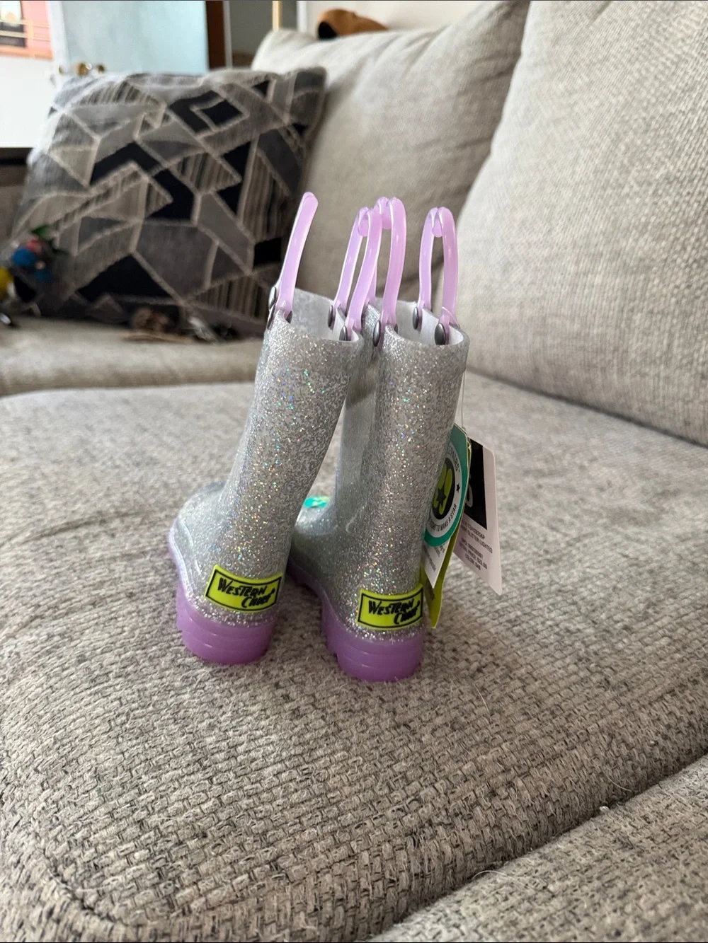 Western Chief Silver Glitter Rain Boots with Lavender Handles and Soles